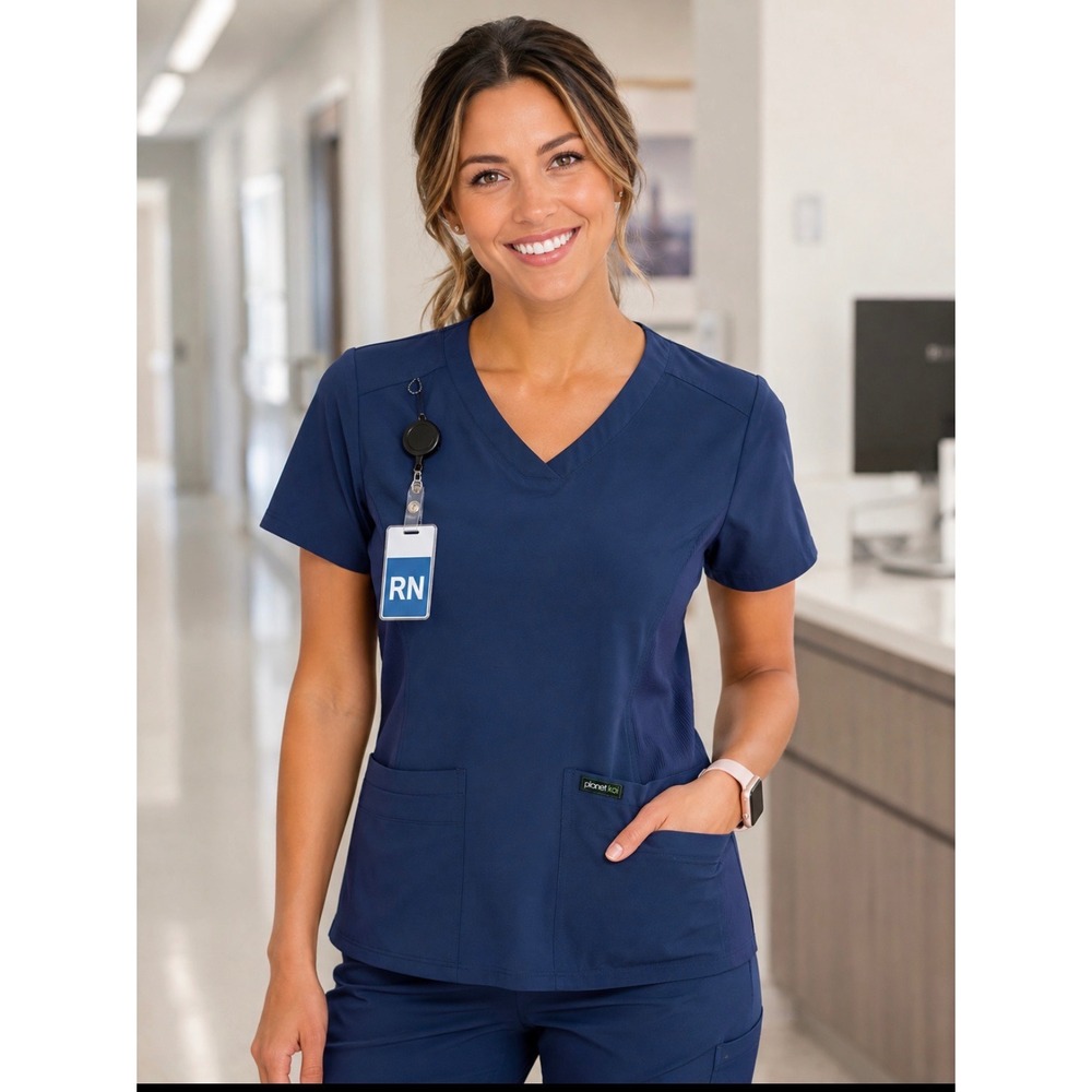 Planet Koi Women Navy Blue V-Neck Scrub Top Ribbed Panels XS